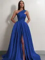 A-line One-Shoulder Sleeveless Sweep Train Satin Delicate Prom Dress With Slit
