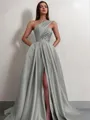 A-line One-Shoulder Sleeveless Sweep Train Satin Delicate Prom Dress With Slit