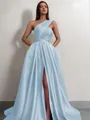 A-line One-Shoulder Sleeveless Sweep Train Satin Delicate Prom Dress With Slit