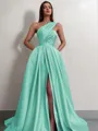 A-line One-Shoulder Sleeveless Sweep Train Satin Delicate Prom Dress With Slit