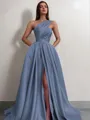 A-line One-Shoulder Sleeveless Sweep Train Satin Delicate Prom Dress With Slit
