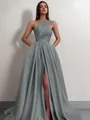 A-line One-Shoulder Sleeveless Sweep Train Satin Delicate Prom Dress With Slit