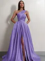 A-line One-Shoulder Sleeveless Sweep Train Satin Delicate Prom Dress With Slit