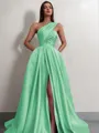 A-line One-Shoulder Sleeveless Sweep Train Satin Delicate Prom Dress With Slit