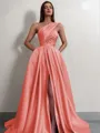A-line One-Shoulder Sleeveless Sweep Train Satin Delicate Prom Dress With Slit