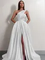 A-line One-Shoulder Sleeveless Sweep Train Satin Delicate Prom Dress With Slit