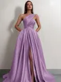 A-line One-Shoulder Sleeveless Sweep Train Satin Delicate Prom Dress With Slit