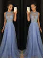 A-line Scoop Classy Sleeveless Sweep Train Chiffon Prom Dress With Sequins