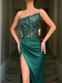 Sheath/Column Strapless Sleeveless Sweep Train Glimmering Velvet Sequins Corset Prom Dress With Sequins