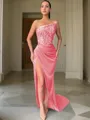 Sheath/Column Strapless Sleeveless Sweep Train Glimmering Velvet Sequins Corset Prom Dress With Sequins
