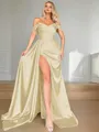 Sheath/Column Empowering Off-the-Shoulder Sleeveless Sweep Train Silk like Satin Corset Prom Dress 