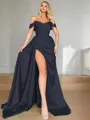 Sheath/Column Empowering Off-the-Shoulder Sleeveless Sweep Train Silk like Satin Corset Prom Dress 