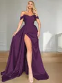 Sheath/Column Empowering Off-the-Shoulder Sleeveless Sweep Train Silk like Satin Corset Prom Dress 