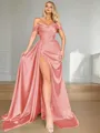 Sheath/Column Empowering Off-the-Shoulder Sleeveless Sweep Train Silk like Satin Corset Prom Dress 