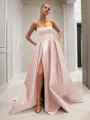 Ball-Gown Strapless Sleeveless Glam Sweep Train Satin Prom Dress With Sequins