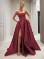 Ball-Gown Strapless Sleeveless Glam Sweep Train Satin Prom Dress With Sequins