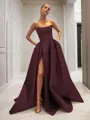 Ball-Gown Strapless Sleeveless Glam Sweep Train Satin Prom Dress With Sequins