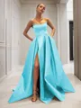 Ball-Gown Strapless Sleeveless Glam Sweep Train Satin Prom Dress With Sequins
