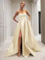 Ball-Gown Strapless Sleeveless Glam Sweep Train Satin Prom Dress With Sequins
