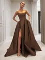Ball-Gown Strapless Sleeveless Glam Sweep Train Satin Prom Dress With Sequins