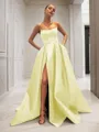 Ball-Gown Strapless Sleeveless Glam Sweep Train Satin Prom Dress With Sequins