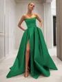 Ball-Gown Strapless Sleeveless Glam Sweep Train Satin Prom Dress With Sequins