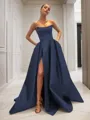 Ball-Gown Strapless Sleeveless Glam Sweep Train Satin Prom Dress With Sequins