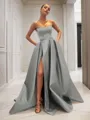 Ball-Gown Strapless Sleeveless Glam Sweep Train Satin Prom Dress With Sequins