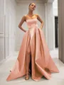 Ball-Gown Strapless Sleeveless Glam Sweep Train Satin Prom Dress With Sequins