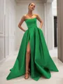 Ball-Gown Strapless Sleeveless Glam Sweep Train Satin Prom Dress With Sequins