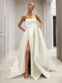 Ball-Gown Strapless Sleeveless Glam Sweep Train Satin Prom Dress With Sequins