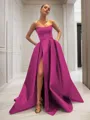 Ball-Gown Strapless Sleeveless Glam Sweep Train Satin Prom Dress With Sequins