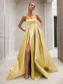 Ball-Gown Strapless Sleeveless Glam Sweep Train Satin Prom Dress With Sequins