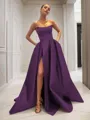 Ball-Gown Strapless Sleeveless Glam Sweep Train Satin Prom Dress With Sequins
