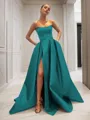 Ball-Gown Strapless Sleeveless Glam Sweep Train Satin Prom Dress With Sequins