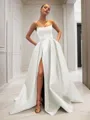 Ball-Gown Strapless Sleeveless Glam Sweep Train Satin Prom Dress With Sequins
