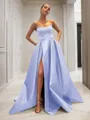 Ball-Gown Strapless Sleeveless Glam Sweep Train Satin Prom Dress With Sequins