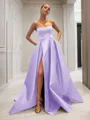 Ball-Gown Strapless Sleeveless Glam Sweep Train Satin Prom Dress With Sequins