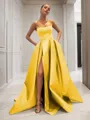 Ball-Gown Strapless Sleeveless Glam Sweep Train Satin Prom Dress With Sequins