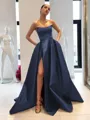 Ball-Gown Strapless Sleeveless Glam Sweep Train Satin Prom Dress With Sequins