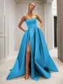 Ball-Gown Strapless Sleeveless Glam Sweep Train Satin Prom Dress With Sequins