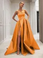Ball-Gown Strapless Sleeveless Glam Sweep Train Satin Prom Dress With Sequins