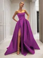 Ball-Gown Strapless Sleeveless Glam Sweep Train Satin Prom Dress With Sequins