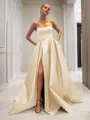 Ball-Gown Strapless Sleeveless Glam Sweep Train Satin Prom Dress With Sequins
