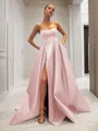 Ball-Gown Strapless Sleeveless Glam Sweep Train Satin Prom Dress With Sequins
