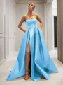 Ball-Gown Strapless Sleeveless Glam Sweep Train Satin Prom Dress With Sequins