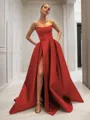Ball-Gown Strapless Sleeveless Glam Sweep Train Satin Prom Dress With Sequins