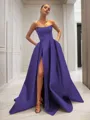 Ball-Gown Strapless Sleeveless Glam Sweep Train Satin Prom Dress With Sequins