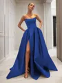 Ball-Gown Strapless Sleeveless Glam Sweep Train Satin Prom Dress With Sequins