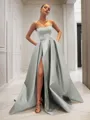 Ball-Gown Strapless Sleeveless Glam Sweep Train Satin Prom Dress With Sequins